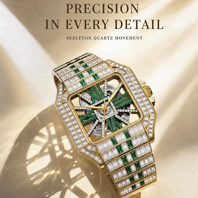 PRECIOUS 8208 Live Edition Men's Iced Out Watch - Luxury Baguette Crystals Encrusted Square Case Fully Skeleton See Through Dial Metal Band Hiphop Wristwatch