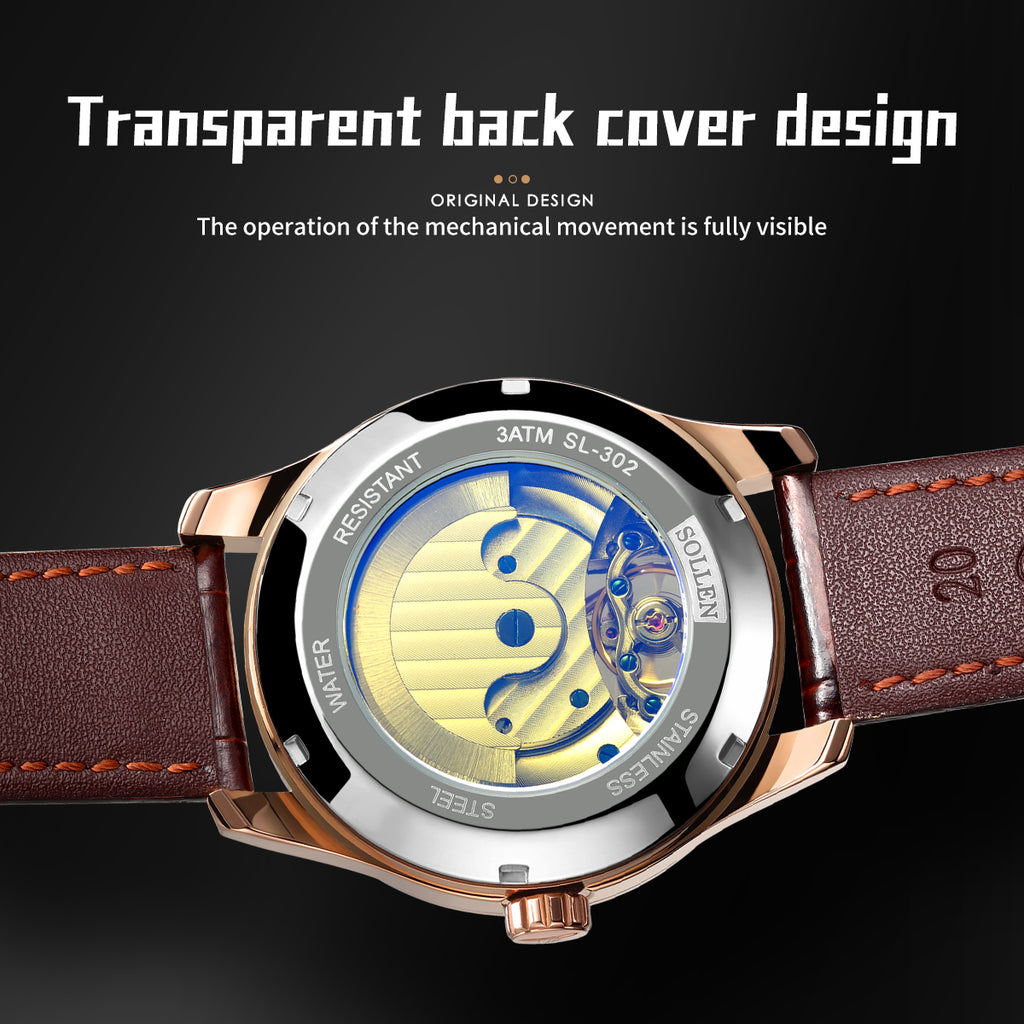 Sollen SL302 Men's Open Heart Automatic Mechanical Watch - 41mm Stainless Steel Case Moon Phase Dual Time Sunburst Dial Wristwatch