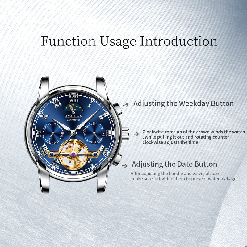 Sollen SL804 Multi-Function Watch - Men's Open-Heart Moonphase Sunburst Dial 7-Bead Stainless Steel Bracelet Wristwatch