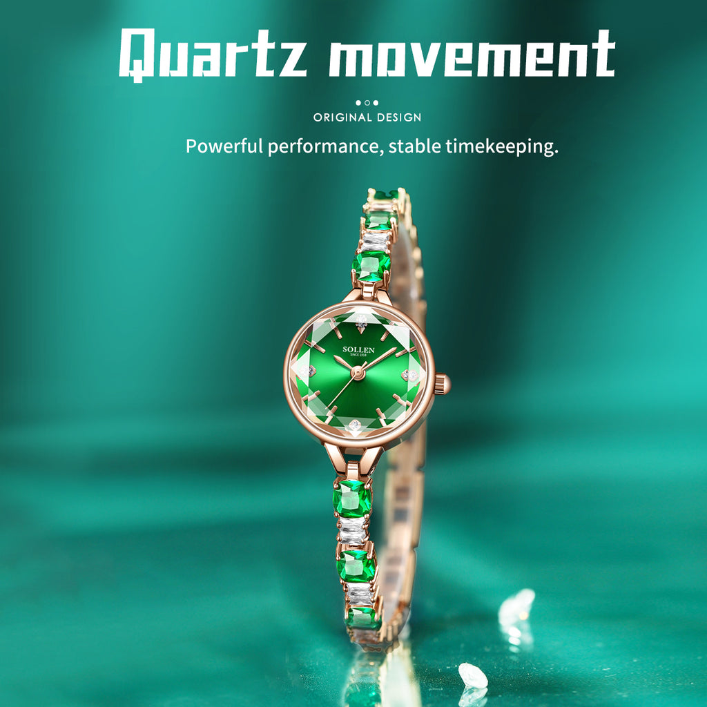 Sollen SL478 Quartz Watch - Women's Rose Gold Ice Green Dial Prismatic Glass Jewelry Bracelet Wristwatch