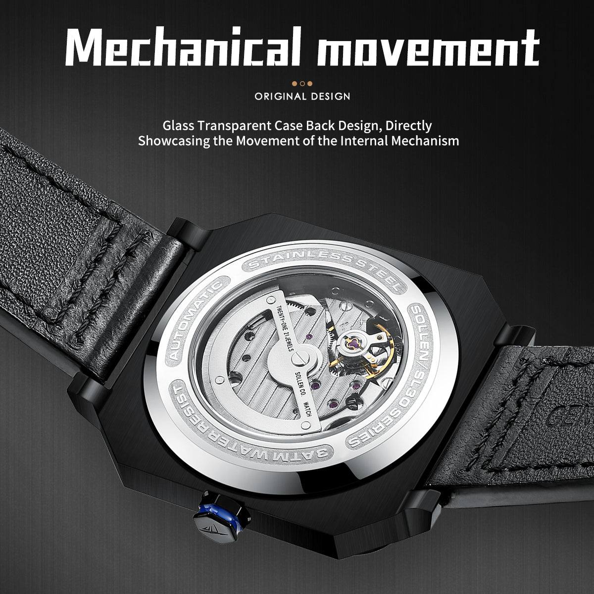 Sollen SL322 Men's Square Automatic Mechanical Watch - 40x41mm Stainless Steel Case Sapphire Crystal Miyota 8217 24H Subdial Leather Strap Wristwatch