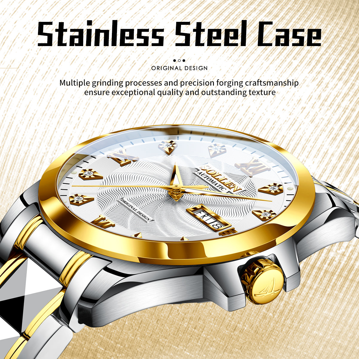 Sollen 9089 Automatic Watch - Men's Dress Citizen 8205 Wavy Dial Day Date Roman Crystal Marker 7-Bead Steel Bracelet Wristwatch