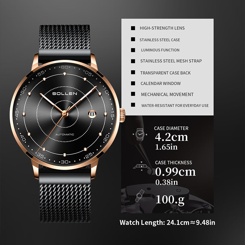 Sollen SL312 Men's Classic Automatic Mechanical Watch - 42mm Stainless Steel Case Slim 9.9mm Luminous Dot Markers Date Window Mesh Bracelet Wristwatch