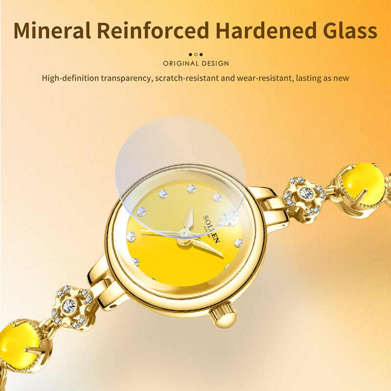 Sollen SL476 Quartz Watch - Women's Gold Yellow Chalcedony Jewelry Bracelet Genuine Diamond Wristwatch
