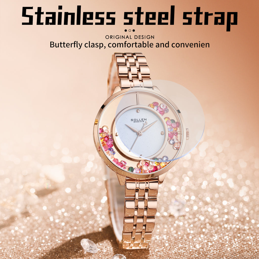 Sollen SL455 Quartz Watch - Women's Stainless Steel Bracelet Starry Enamel Dial with Floating Beads