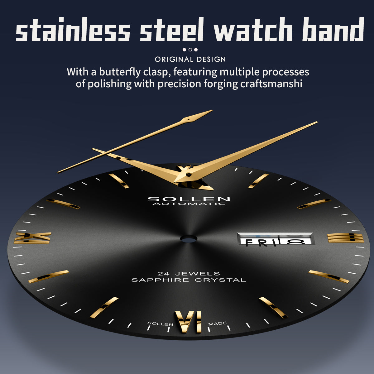 Sollen 9020 Automatic Watch - Men's Dual Calendar Sunray Dial Executive Stainless Steel Bracelet or Genuine Leather Strap Wristwatch