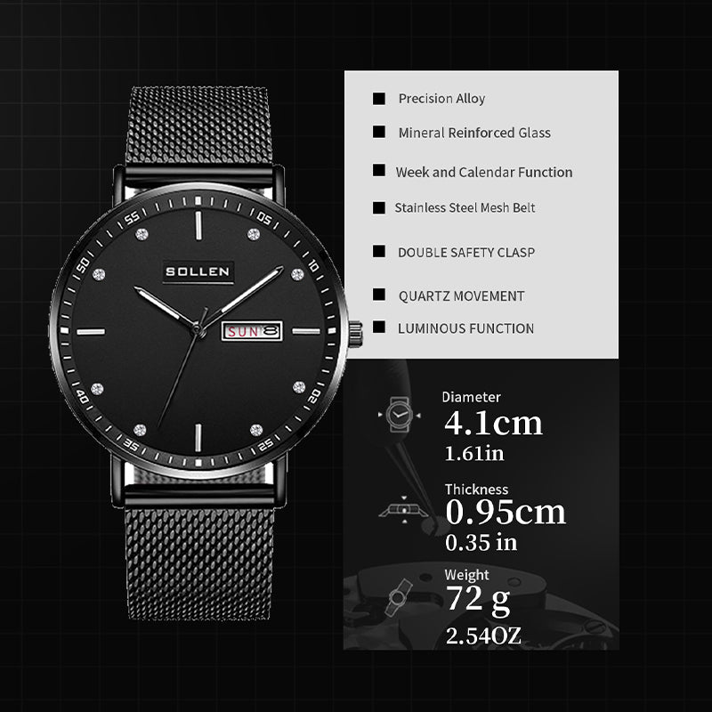 Sollen SL706 Quartz Watch - Men's Day-Date Calendar Ultra-Slim Stainless Steel Mesh Band Wristwatch