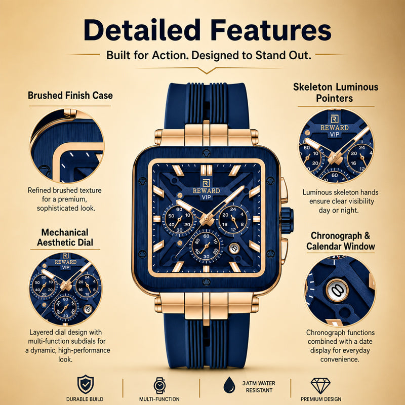 REWARD RD 833569M Quartz Watch - Live Edition Men's Luxury Bold Square Case Full Chronograph Luminous Hands Date Window Sport Silicone Strap Wristwatch