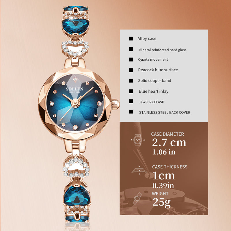Sollen SL470 Quartz Watch - Women's Oval Peacock Blue Dial Faceted Prismatic Glass Jewelry Bracelet Wristwatch
