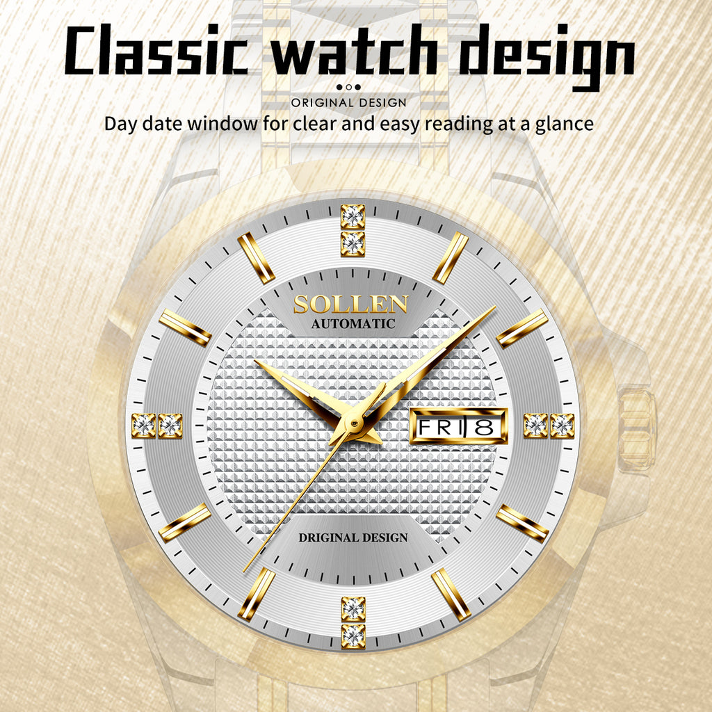 Sollen 9087 Automatic Watch - Men's Dress Citizen 8205 Grid Dial Day Date Crystal Luminous Marker 7-Bead Steel Bracelet Wristwatch
