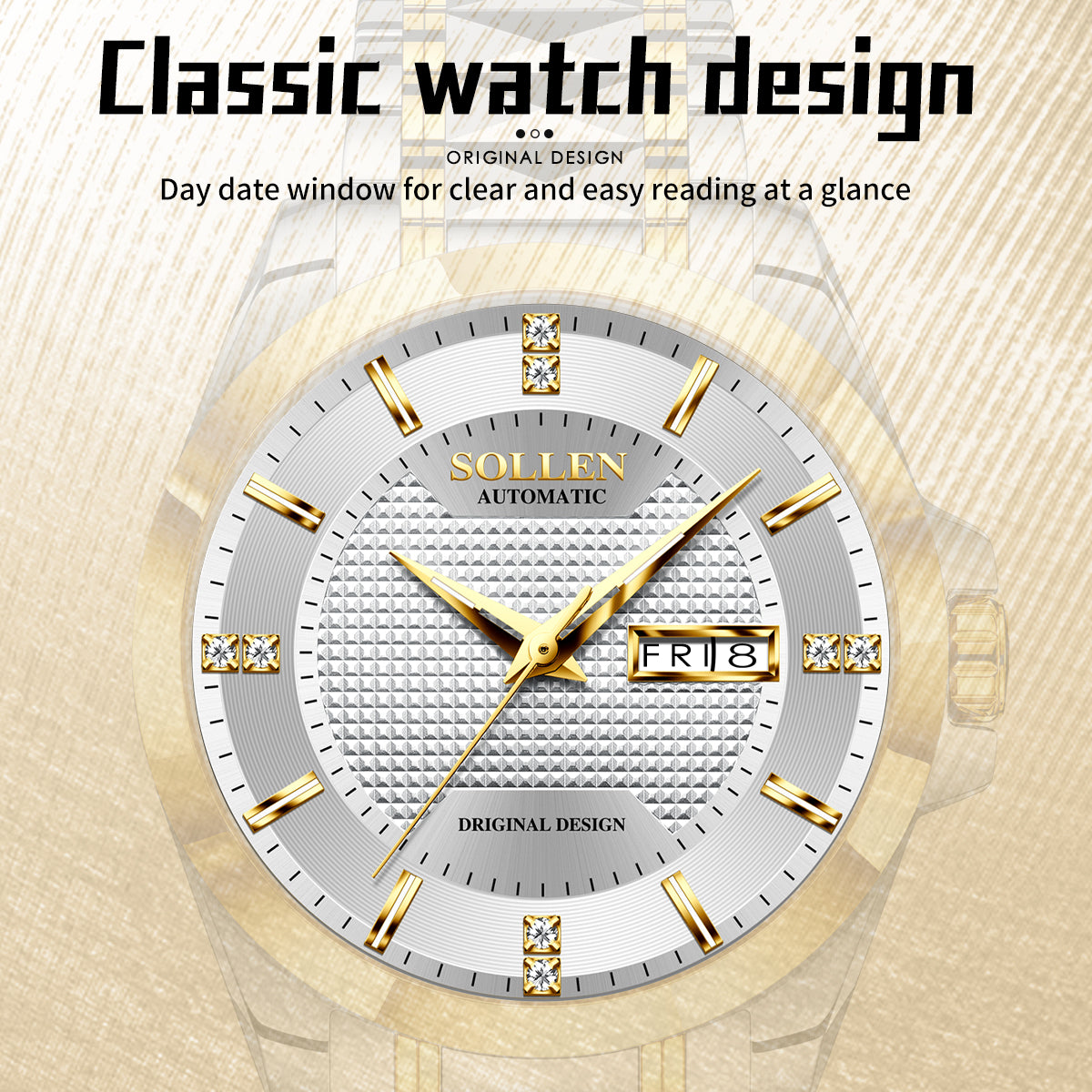 Sollen 9087 Automatic Watch - Men's Dress Citizen 8205 Grid Dial Day Date Crystal Luminous Marker 7-Bead Steel Bracelet Wristwatch