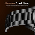 Sollen SL725 Chronograph Watch - Men's All-Black Case Multi-Function Stainless Steel Link Bracelet Wristwatch