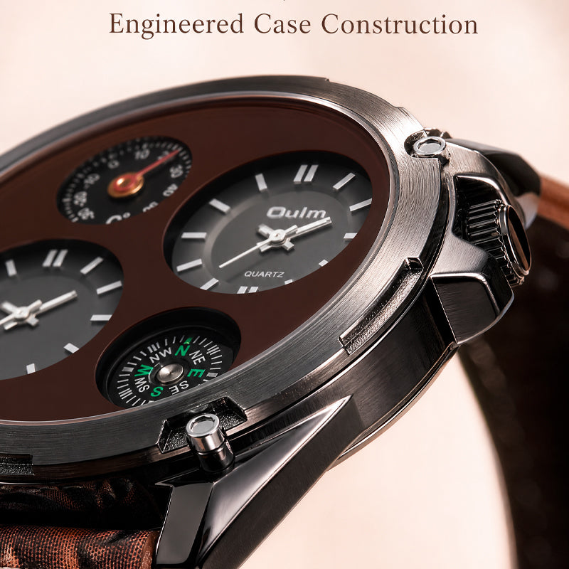 Oulm HP9139 Quartz Watch - Live Edition Men's Heavy Steampunk Dual Time Zone Industrial Black Case Luminous Hands Compass Leather Strap Tactical Wristwatch
