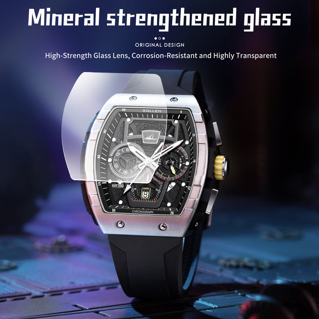 Sollen SL709 Chronograph Watch - Men's Tonneau Multi-Layer Dial Performance Silicone Strap Wristwatch
