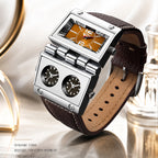Oulm HP9525 Live Edition Men's Cyberpunk Watch - Tactical Multi Time Zone Triple Movement Steampunk Folding Case Wide Leather Strap Sport Wristwatch