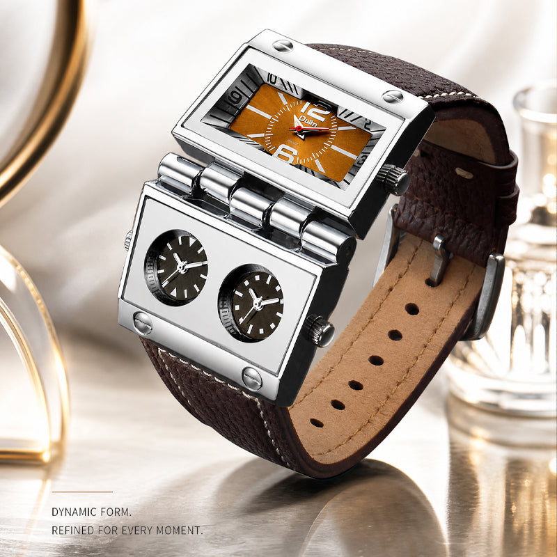 Oulm HP9525 Live Edition Men's Cyberpunk Watch - Tactical Multi Time Zone Triple Movement Steampunk Folding Case Wide Leather Strap Sport Wristwatch