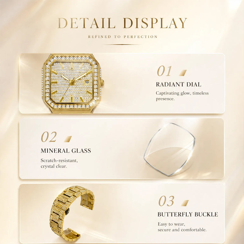 BELBI BELBL-8223 Live Edition Men's Iced Out Watch - Luxury Full Crystals Encrusted Octagonal Case Pave Dial Date Window Metal Band Hiphop Wristwatch