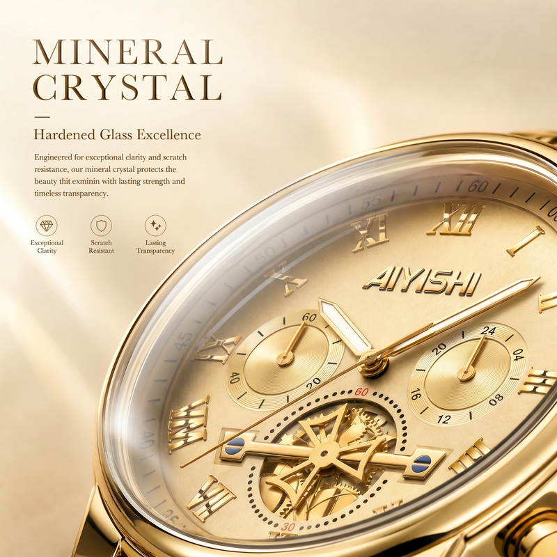 AIYISHI ASY2316 Quartz Watch - Live Edition Men's Luxury 41mm Flywheel Mechanical Style Face Luminous Hands Steel Link Bracelet Wristwatch