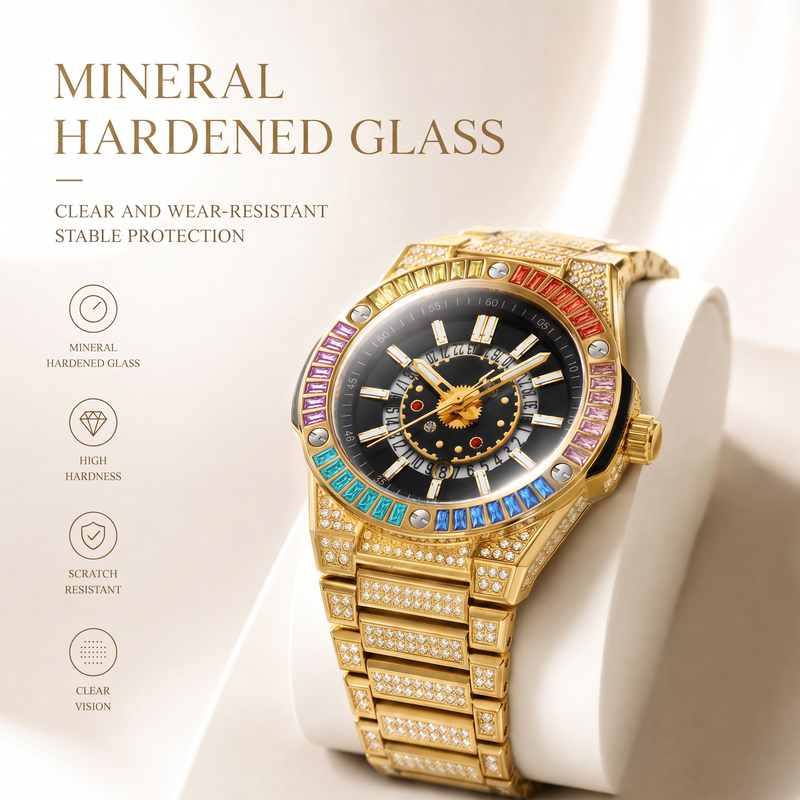 RKS RKS1159 Live Edition Men's Iced Out Watch - Luxury Rainbow Baguette Crystal Bezel Pave Dial Luminous Hands 6H Date Metal Band Hiphop Wristwatch