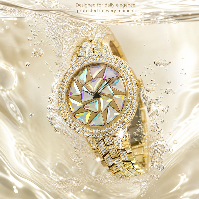 BELBI BELBL-9188 Live Edition Women's Fashion Watch - Luxury Full Crystals Encrusted Bezel Creative Geometric Prism Mosaic Dial Metal Band Wristwatch