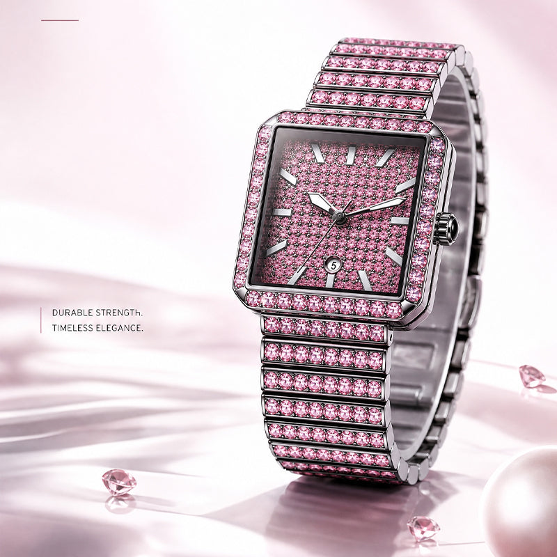 KDW KDW2410 Quartz Watch - Live Edition Luxury Full IPG Gold Crystal Pavé Square Case Iced-Out 20mm Link Bracelet Wristwatch
