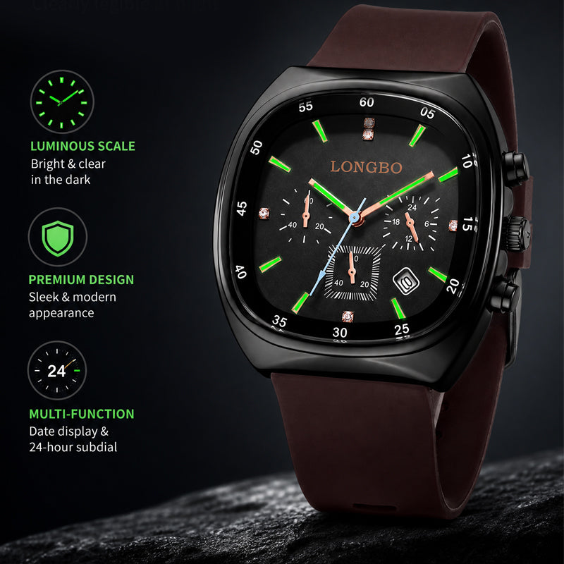 LONGBO LB83920 Live Edition Men's Modern Sport Watch - Sleek TV Shaped Rectangle Case Oil Pressed Dial 4:30 Date Lightweight Silicone Strap Wristwatch