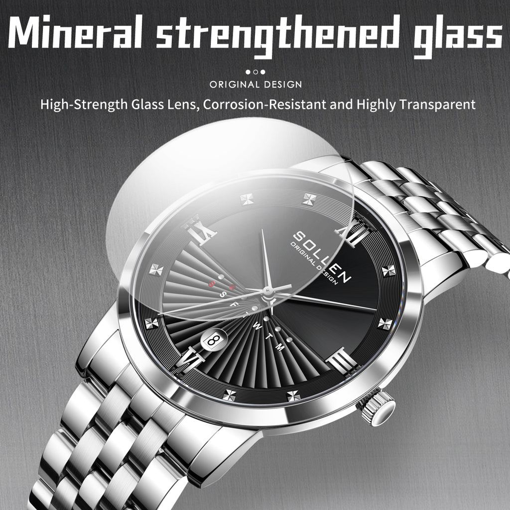Sollen SL716 Quartz Watch - Men's Classic Stainless Steel 3-Bead Bracelet Day-Date Display Wristwatch