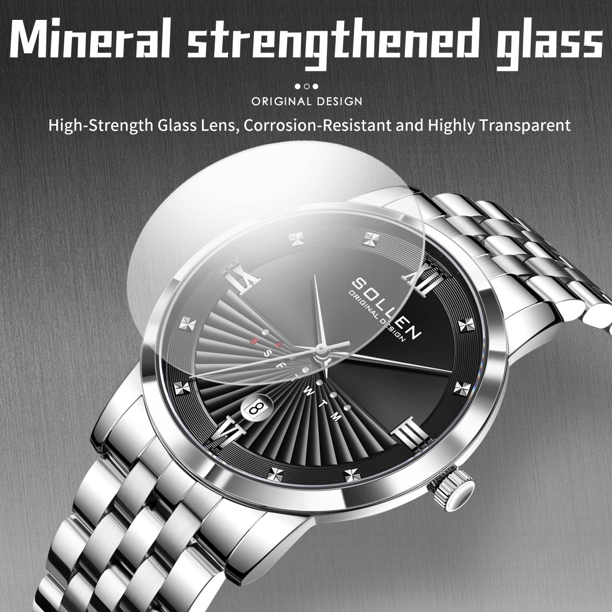 Sollen SL716 Quartz Watch - Men's Classic Stainless Steel 3-Bead Bracelet Day-Date Display Wristwatch