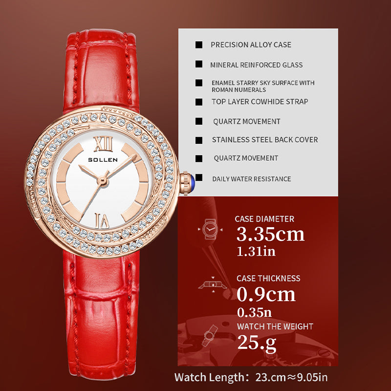 Sollen SL450 Women's Quartz Watch - 33.5mm Crystal Bezel Enamel Roman Dial Genuine Leather Strap Wristwatch