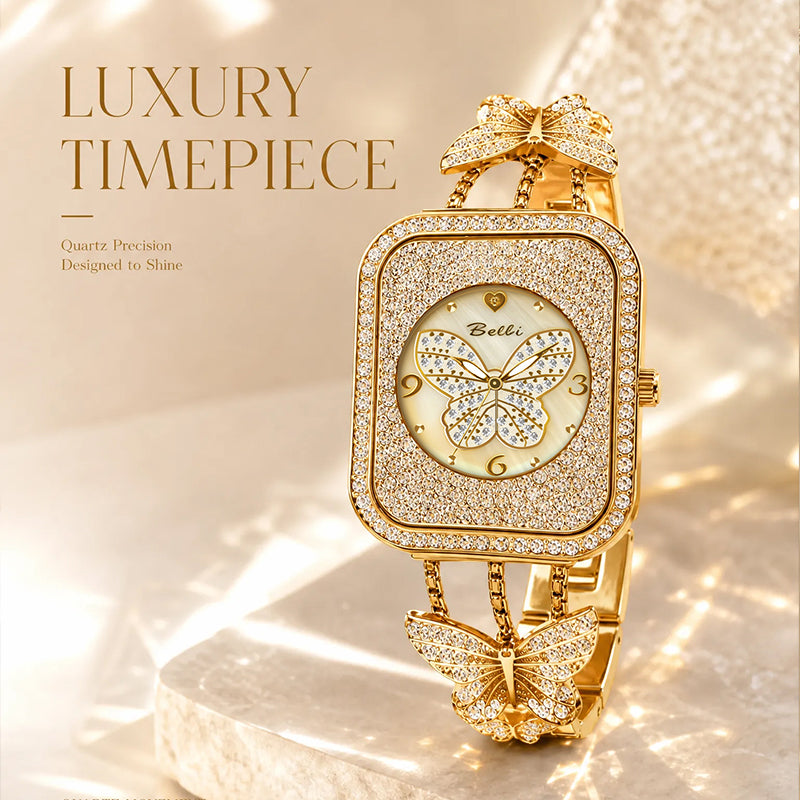 BELBI BL8214 Quartz Watch - Live Edition Luxury Full IPG Gold Crystal Pavé Butterfly Motif Mother-of-Pearl Dial Jewelry Bangle Bracelet Wristwatch