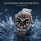 JEMSDUN JSD1803 Live Edition Men's Planet Ocean Style Diver Quartz Watch - 44mm Silver Case Orange & Black Bezel Luminous Dial 3H Date Metal Band Wristwatch