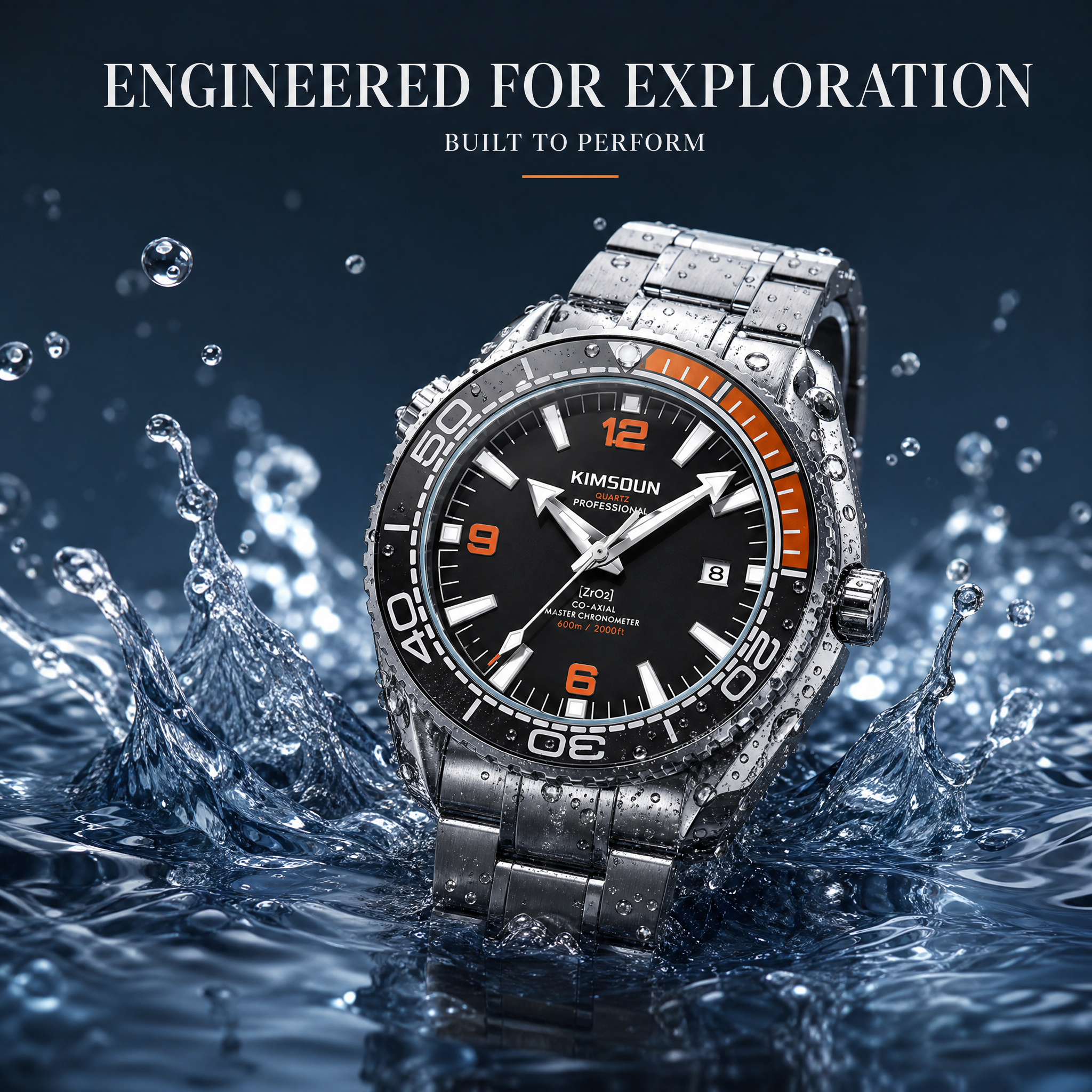 JEMSDUN JSD1803 Live Edition Men's Planet Ocean Style Diver Quartz Watch - 44mm Silver Case Orange & Black Bezel Luminous Dial 3H Date Metal Band Wristwatch