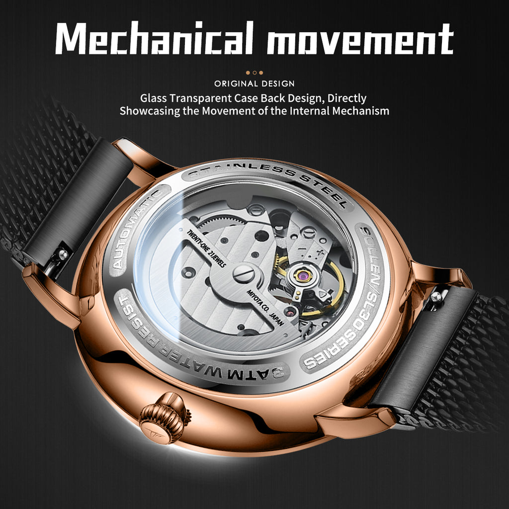 Sollen SL360 Men's Open Heart Automatic Mechanical Watch - 42mm Stainless Steel Case Slim 9.9mm Miyota Movement Luminous Markers Mesh Bracelet Wristwatch