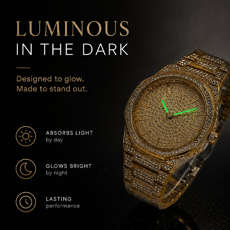 BELBI BELBL-8138 Live Edition Men's Iced Out Watch - Luxury Full Crystals Encrusted Geometric Bezel Pave Gold Dial Metal Band Hiphop Wristwatch