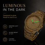 BELBI BELBL-8138 Live Edition Men's Iced Out Watch - Luxury Full Crystals Encrusted Geometric Bezel Pave Gold Dial Metal Band Hiphop Wristwatch