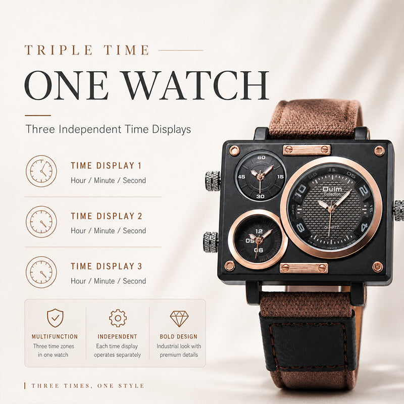 Oulm HP3595 Live Edition Men's Tactical Watch - Cyberpunk Multi Time Zone Triple Movement Rectangle Armor Case Wide Canvas Strap Sport Wristwatch