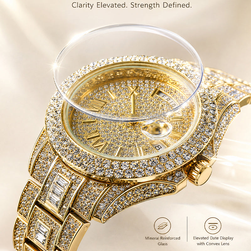 KDW KDW2386 Live Edition Men's Luxury Iced-Out Quartz Watch - 43mm Full Crystal Bezel & Bracelet Arc 12H Day 3H Date Roman Numeral Dial Metal Wristwatch