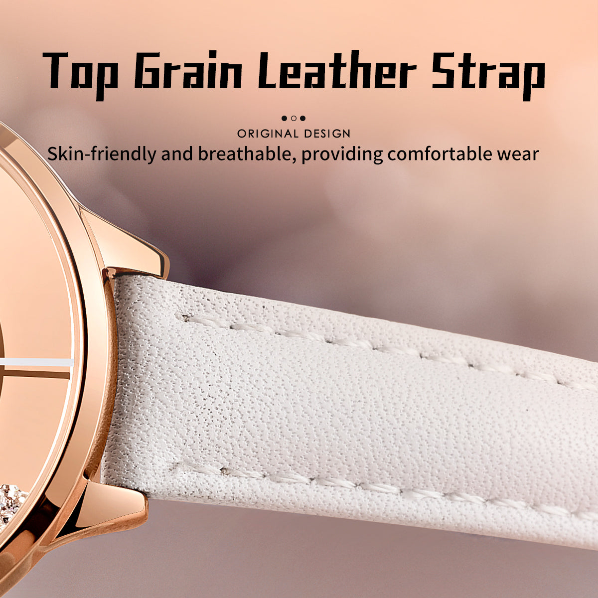Sollen SL423 Women's Quartz Watch - 33.5mm Vinyl Record Texture Dial 12 Zirconia Markers Genuine Leather Strap Wristwatch