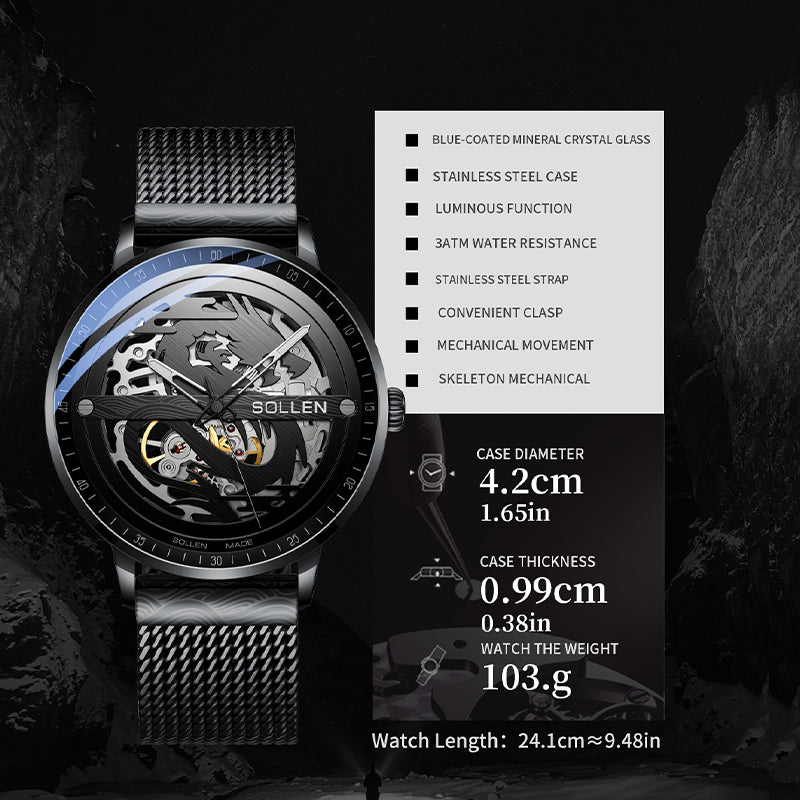 Sollen SL317 Men's Skeleton Dragon Automatic Mechanical Watch - 42mm Stainless Steel Case Slim 9.9mm Open Heart Mesh Bracelet Wristwatch