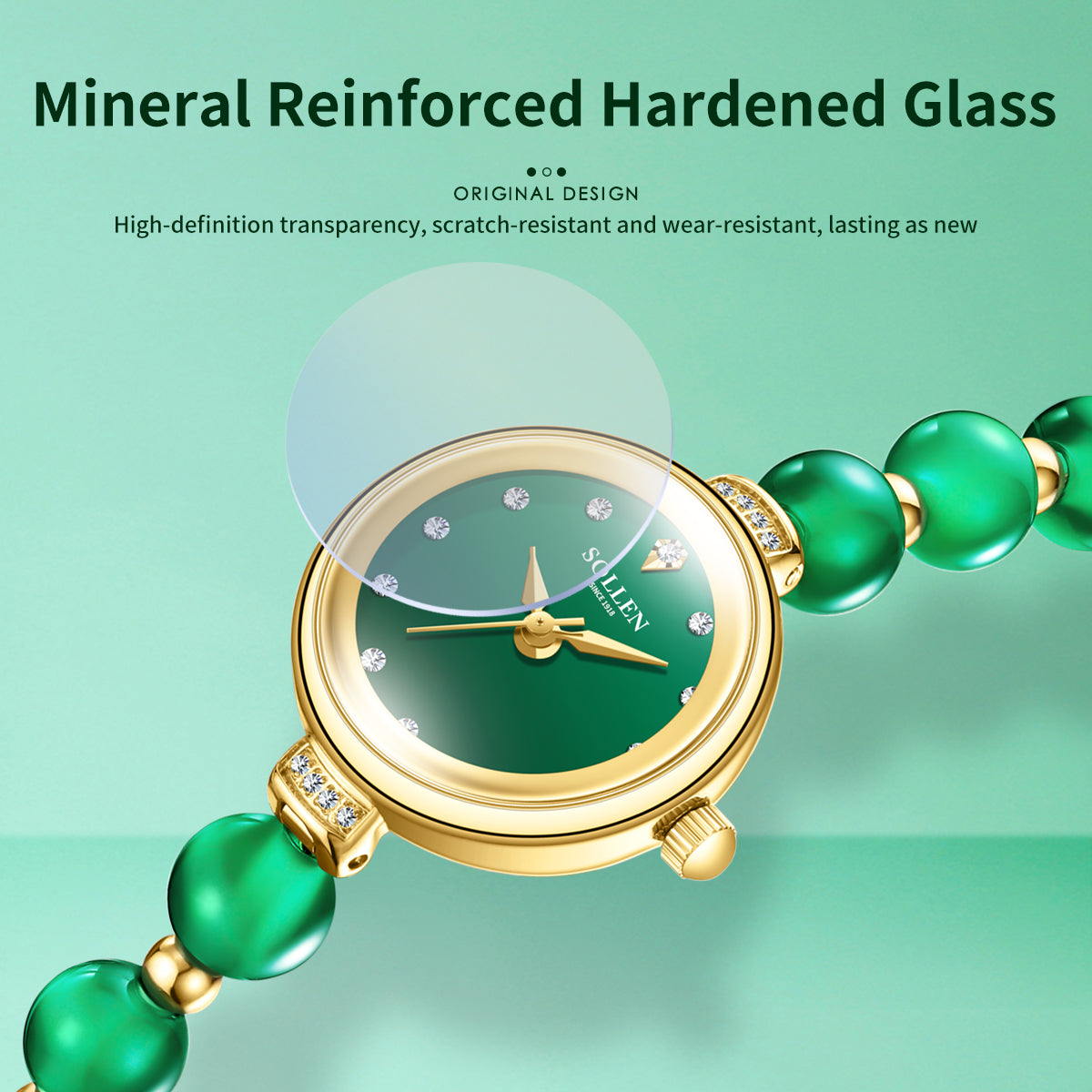 Sollen SL475 Quartz Watch - Women's Gold Green Chalcedony Beaded Bracelet Genuine Diamond Wristwatch