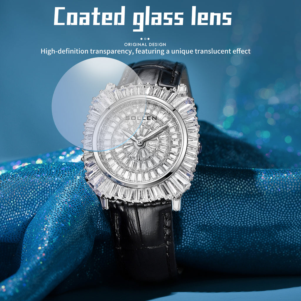 Sollen SL435 Women's Baguette Crystal Quartz Watch - 35x36mm Full Pave Dial Iced Out Genuine Leather Strap Wristwatch
