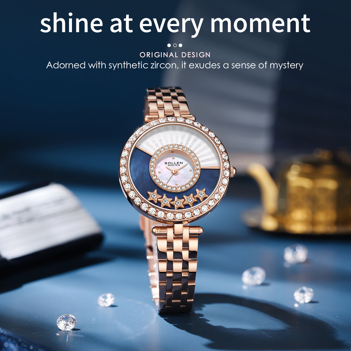 Sollen SL453 Quartz Watch - Women's Stainless Steel Link Bracelet Celestial Dial with Moving Stars