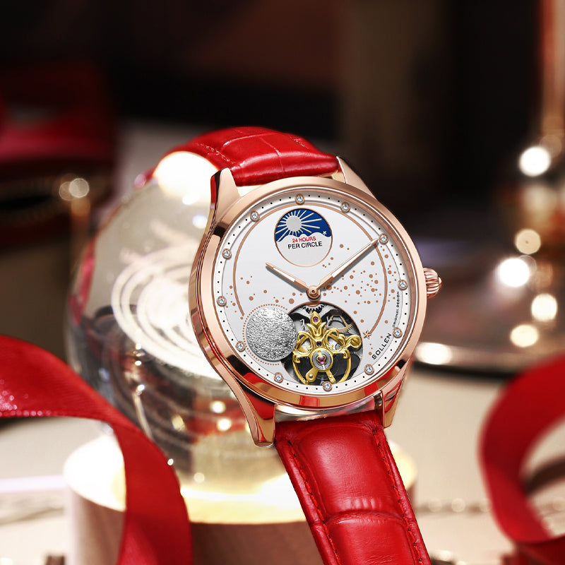 Sollen SL465 Multi-Function Automatic Watch - Women's Genuine Leather Open-Heart Flywheel Wristwatch