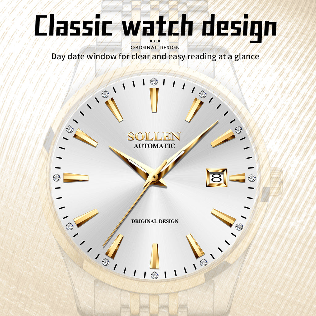 Sollen 9032 Automatic Watch - Men's Sunray Dial Luminous Dot Markers 9-Bead Stainless Steel Bracelet Wristwatch