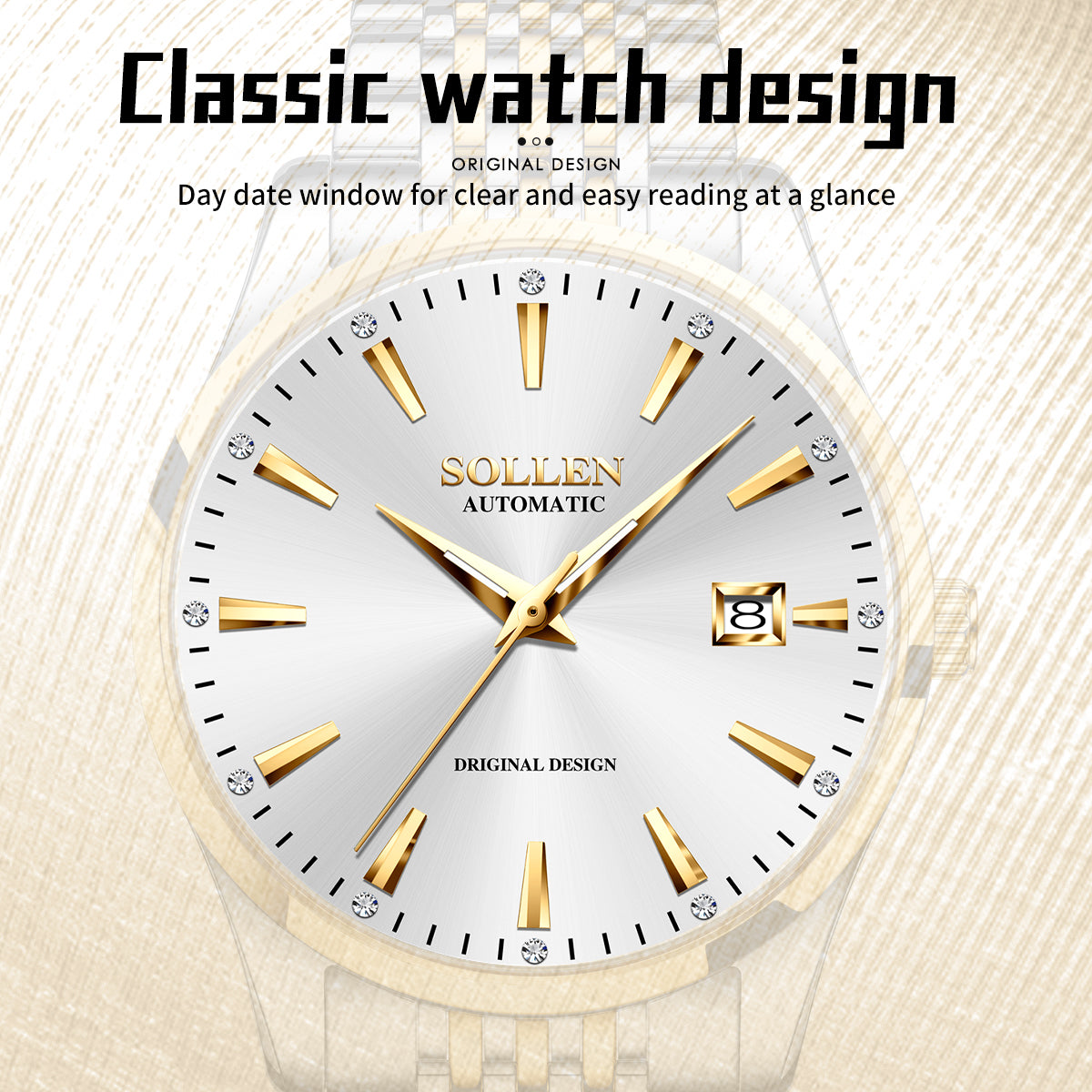Sollen 9032 Automatic Watch - Men's Sunray Dial Luminous Dot Markers 9-Bead Stainless Steel Bracelet Wristwatch