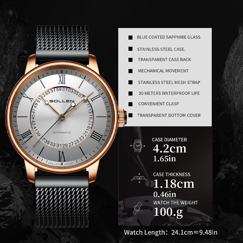 Sollen SL201 Men's Skeleton Automatic Mechanical Watch - 42mm Stainless Steel Case Double-Layer Dial Luminous Hands Mesh Bracelet Wristwatch