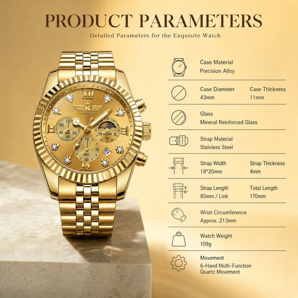 KINGNUOS DDM197 Live Edition Men's Luxury Fluted Bezel Chronograph Quartz Watch - 43mm Gold Case Sun & Moon Phase Multi-Subdial 4:30 Date Jubilee Bracelet Wristwatch