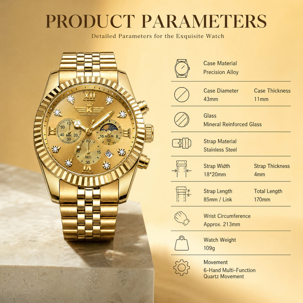 KINGNUOS DDM197 Live Edition Men's Luxury Fluted Bezel Chronograph Quartz Watch - 43mm Gold Case Sun & Moon Phase Multi-Subdial 4:30 Date Jubilee Bracelet Wristwatch