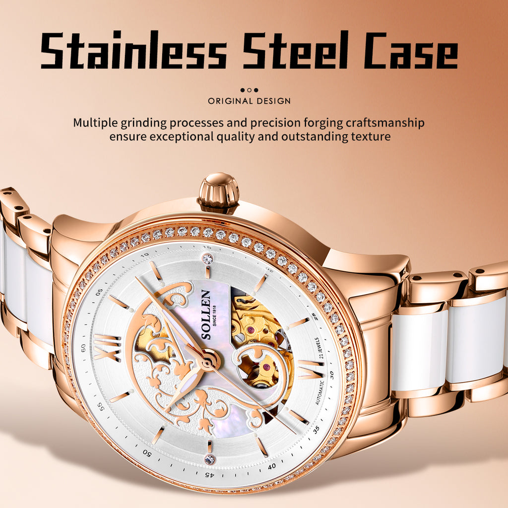 Sollen SL412 Women's Skeleton Automatic Watch - 36.5mm Crystal Bezel Sapphire Crystal Miyota 82S0 Ceramic Bracelet Wristwatch