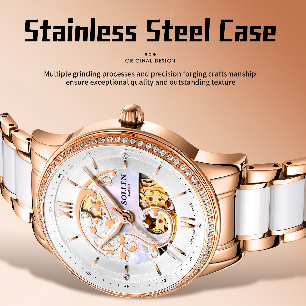 Sollen SL412 Women's Skeleton Automatic Watch - 36.5mm Crystal Bezel Sapphire Crystal Miyota 82S0 Ceramic Bracelet Wristwatch
